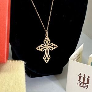 JAMES AVERY 14K 585 Yellow Gold St. Cecilia Etched Scroll Cross Pendant Necklace